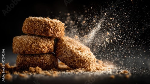 Close-Up of Golden Brown Cookies with Sugar Dusting on Black Background, Textured Surface, Perfect for Baking or Dessert-themed Projects