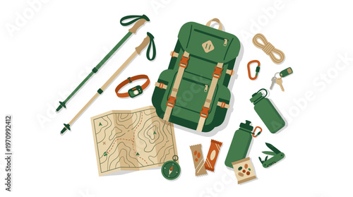 A flat lay arrangement of essential hiking and camping equipment, including a backpack, map, compass, water bottles, and trekking poles, suggesting adventure and outdoor activity.