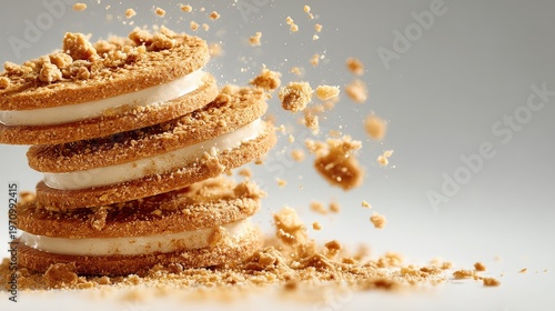 Delicious dessert stack with broken cookies and scattered crumbs on a light background, showcasing texture and layers of sweet cream filling