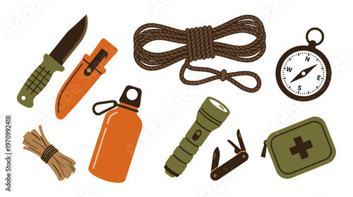 A collection of essential outdoor survival and camping gear arranged in a clean, flat lay style, perfect for adventure-themed content.