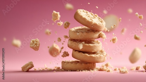 Delicious Crumbled Cookies in Mid-Air with Colorful Background Creating a Fun and Playful Atmosphere for Food Photography and Culinary Designs