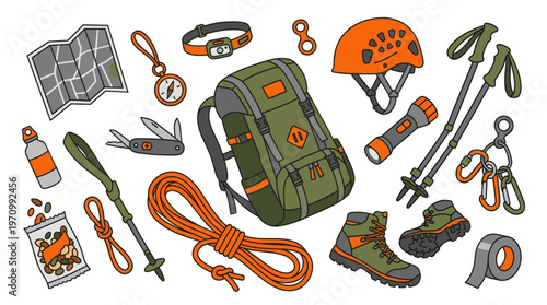 A vibrant collection of essential outdoor adventure equipment, including a backpack, boots, rope, and map, all illustrated in a clean, flat design style.
