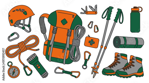 A vibrant flat lay illustration showcases essential climbing and hiking equipment including a backpack, helmet, ropes, poles, boots, and compass, perfect for adventure and outdoor activity themes.