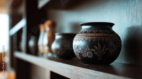 Artisanal clay pottery displayed elegantly on a wooden shelf in a well-lit contemporary interior, highlighting intricate decorative designs and craftsmanship.