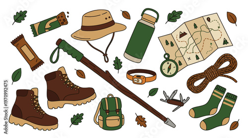 A collection of cartoon-style hiking essentials like boots, backpack, map, and trekking pole are arranged on a white background.