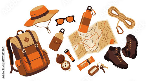A collection of essential hiking gear, including a backpack, map, boots, hat, and water bottle, arranged in a flat lay composition.