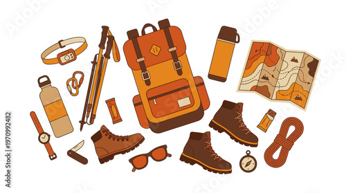 A collection of outdoor adventure equipment, including a backpack, boots, map, and trekking poles, artfully arranged on a white background.
