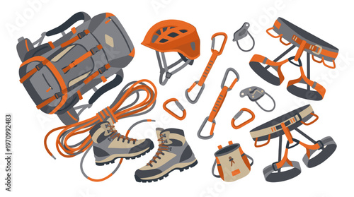 A collection of illustrated outdoor climbing equipment including a backpack, boots, rope, helmet, carabiners, and harness on a white background.