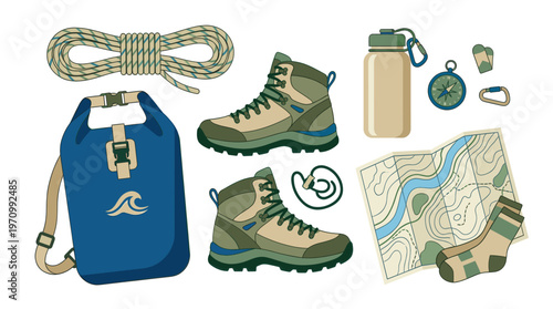 A flat illustration of various hiking and camping essentials, including boots, rope, map, water bottle, compass, socks, and a dry bag, arranged on a white background.