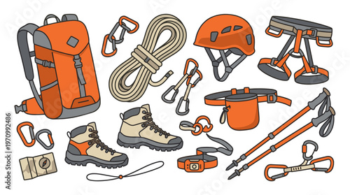 A flat illustration of essential climbing and hiking gear, including an orange backpack, beige boots, a coiled rope, a helmet, and a harness.