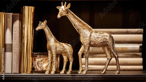 Elegant gold giraffe figurines on a wooden shelf next to luxury books and a candle, showcasing modern decor and artistic design in a home environment