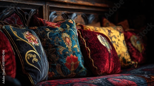 Luxurious embroidered pillows arranged on an ornate wooden sofa with rich textures and vibrant colors showcasing intricate designs and crafted details