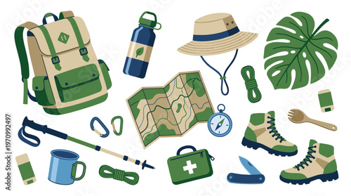 A flat design illustration showcases essential outdoor adventure gear arranged on a white background, ideal for travel and exploration themes.