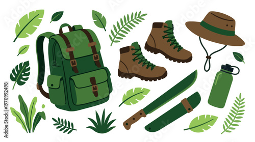 Flat illustration of camping gear including a backpack, hiking boots, hat, knife, and water bottle surrounded by green leaves on a white background.