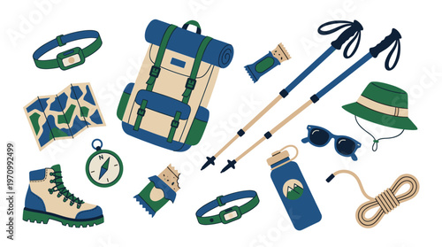 This flat illustration showcases essential outdoor equipment for hiking and camping including a backpack, boots, poles, hat, map, compass, water bottle, rope, and energy bars.