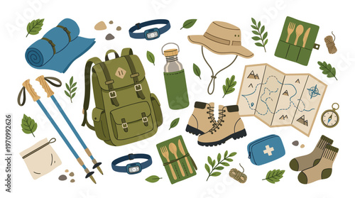 A collection of essential outdoor adventure gear, including a backpack, map, boots, and survival kit, artfully arranged on a white background.