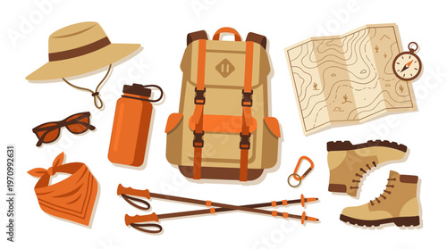 A collection of outdoor adventure gear including a backpack, boots, map, compass, hat, sunglasses, water bottle, and trekking poles, all arranged in a flat lay style.