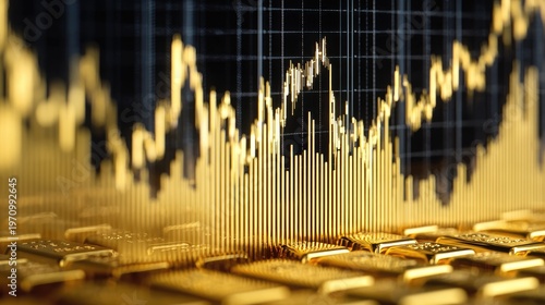 Golden Stacks of Bullion with Rising Stock Market Graph Illustrating Economic Growth and Investment Trends in Finance Industry
