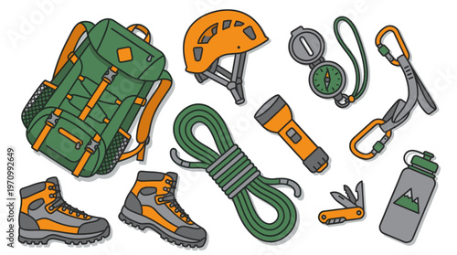 Flat illustration of essential outdoor adventure equipment including boots, backpack, rope, helmet, compass, flashlight, multitool, and water bottle on a white background.