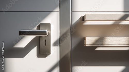 Modern Door Handles and Fixtures with Soft Shadows on Wooden Cabinet Surfaces Illuminated by Warm Natural Light in Contemporary Interior Design
