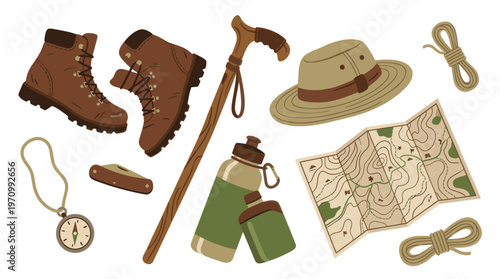 A flat lay collection of outdoor adventure gear including hiking boots, a map, compass, walking stick, hat, water bottles and rope, for exploring nature.