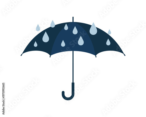 A dark blue umbrella with raindrops on a white background
