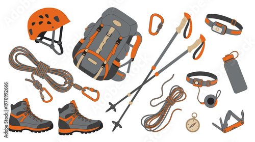 A vibrant flat illustration showcasing essential mountain climbing and hiking equipment, including a backpack, helmet, boots, rope, and trekking poles, set against a clean white background.
