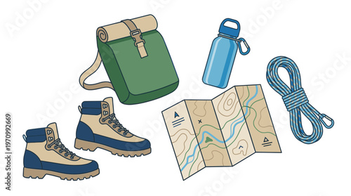 A collection of hiking essentials, including boots, a backpack, a map, a water bottle, and rope, arranged in a clean, flat illustration style on a white background.