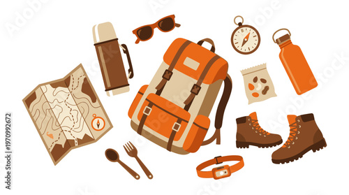 A flat lay illustration of various hiking and adventure gear, including a backpack, boots, map, compass, thermos, water bottle, sunglasses, and snacks, arranged against a white background.