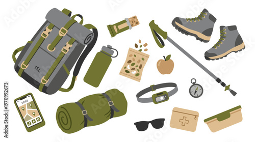 A flat illustration showcases essential hiking and camping gear laid out against a white background, including a backpack, boots, poles, and snacks, perfect for outdoor adventure concepts.