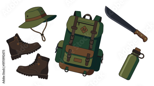 A flat illustration depicts outdoor adventure gear including a green backpack, brown hiking boots, a safari hat, a machete, and a water canteen, all isolated on a white background.