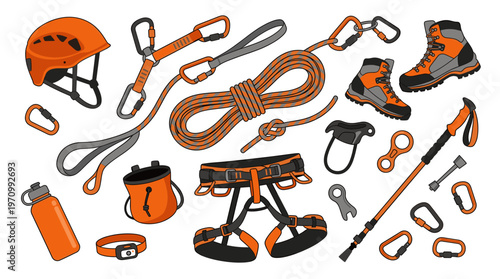 A colorful vector illustration displays a collection of essential climbing equipment, including a helmet, harness, rope, carabiners, and boots, arranged on a white background for easy use.