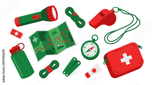 A collection of illustrated adventure gear including a flashlight, map, compass, water bottle, first aid kit, whistle, and rope, arranged on a white background.
