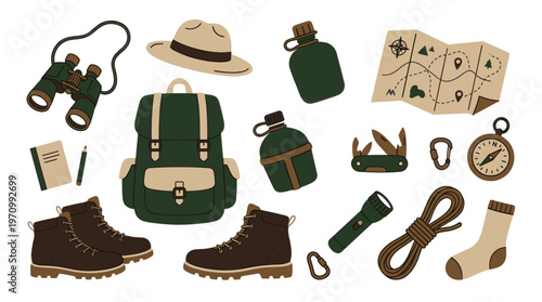 A flat lay illustration of essential hiking gear including boots, backpack, hat, binoculars, map, compass, flashlight, water bottles, and rope on a white background.