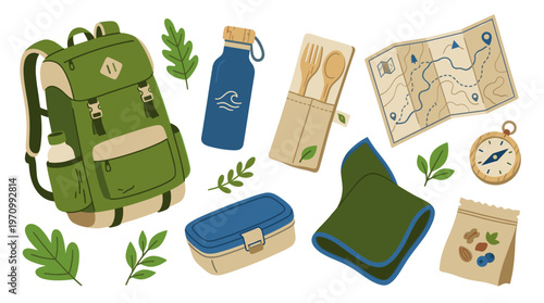 A collection of illustrated outdoor adventure essentials including a backpack, water bottle, utensils, map, and snacks is artfully arranged on a white background.