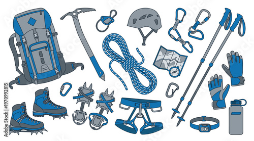 A collection of illustrated mountaineering and climbing equipment is arranged in a flat lay composition against a white background.