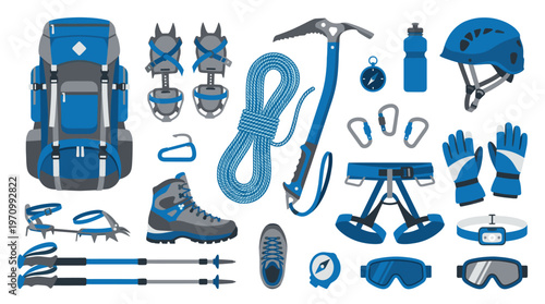 A flat design illustration showcases a comprehensive collection of blue and gray mountaineering and climbing equipment arranged against a white background, ideal for adventure and outdoor themes.
