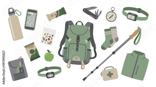 Flat lay illustration of essential outdoor adventure equipment including a backpack, compass, first aid kit, water bottle, phone with map, and snacks.