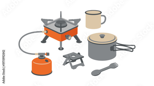 A collection of camping cooking items including a portable gas stove, fuel canister, cooking pot, enamel mug, and spork, presented on a white background.
