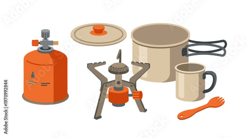 An illustration of camping cookware, including a gas canister, portable stove, cooking pot with lid, and spork on a white background.