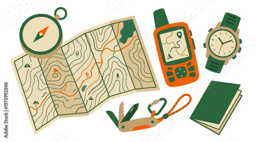 A collection of flat lay outdoor adventure essentials including a compass, map, GPS, watch, multi-tool, and notebook in a warm, earthy color palette.