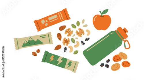 A vibrant flat lay illustration showcases healthy snacks including energy bars, nuts, seeds, dried fruit, an apple, and a reusable water bottle, perfect for active lifestyles and outdoor adventures.