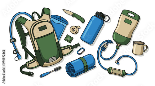 A collection of illustrated outdoor adventure equipment, including a backpack, water bottles, a knife, and a rolled sleeping mat, set against a white background.