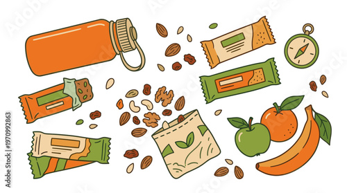 A vibrant, hand-drawn illustration featuring energy bars, assorted nuts, fruits, a water bottle, and a compass, perfect for promoting healthy lifestyles and outdoor activities.
