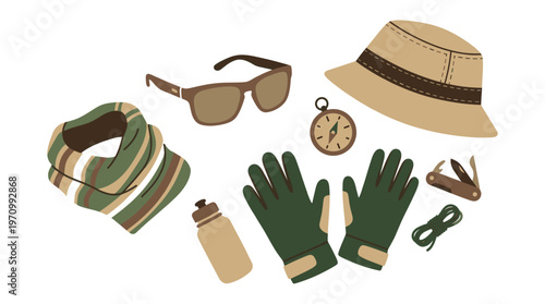 A flat lay illustration of essential outdoor adventure gear including a hat, sunglasses, scarf, gloves, compass, water bottle, pocket knife, and rope on a white background.