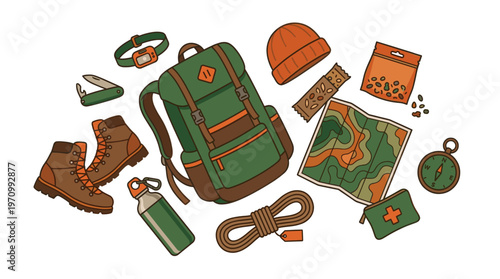 A collection of illustrated hiking essentials, including boots, backpack, map, and compass, arranged in a flat lay composition on a white background.