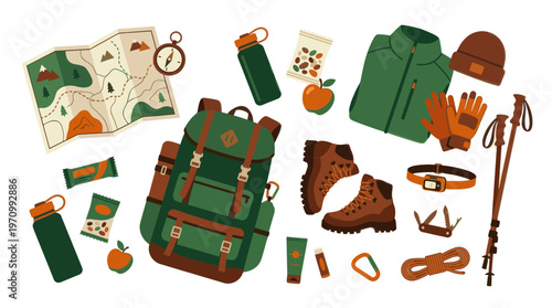 A collection of essential hiking gear is arranged in a flat lay composition against a white background, featuring a backpack, boots, map, compass, and other outdoor equipment.