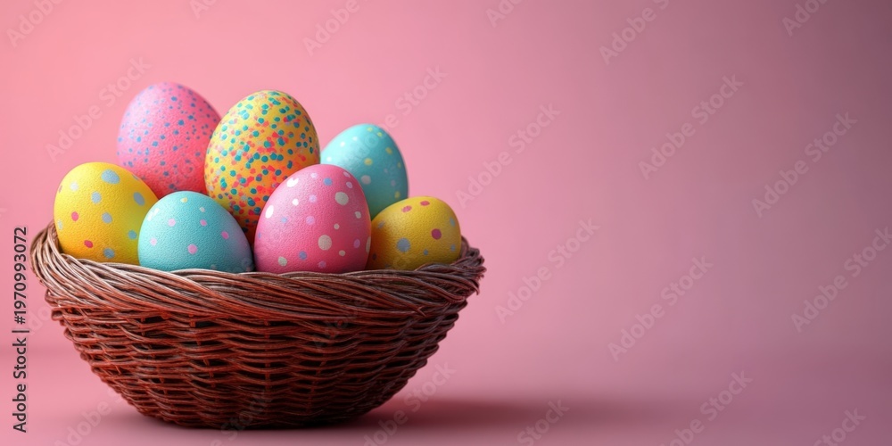 Fototapeta premium Colorful Easter Painted Eggs in Wicker Basket and Copy Space on Pink Background for Christian Festive Celebration.