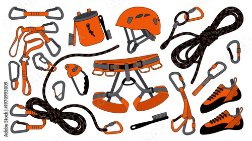 A vibrant flat illustration showcases a collection of essential climbing equipment, including carabiners, a harness, rope, helmet, chalk bag, and shoes, all in bold orange and grey colors.