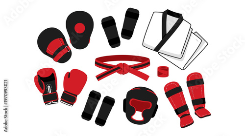 A flat lay collection of assorted red and black martial arts equipment including gloves, a belt, pads, headgear, and uniform, isolated on a white background.